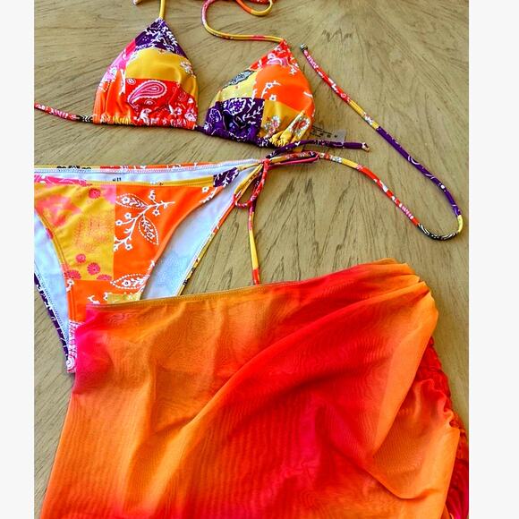 boho bikini & skirt MED Sheer coverup orange yellow Swimsuit 3 Piece Set Sexy - Picture 1 of 7